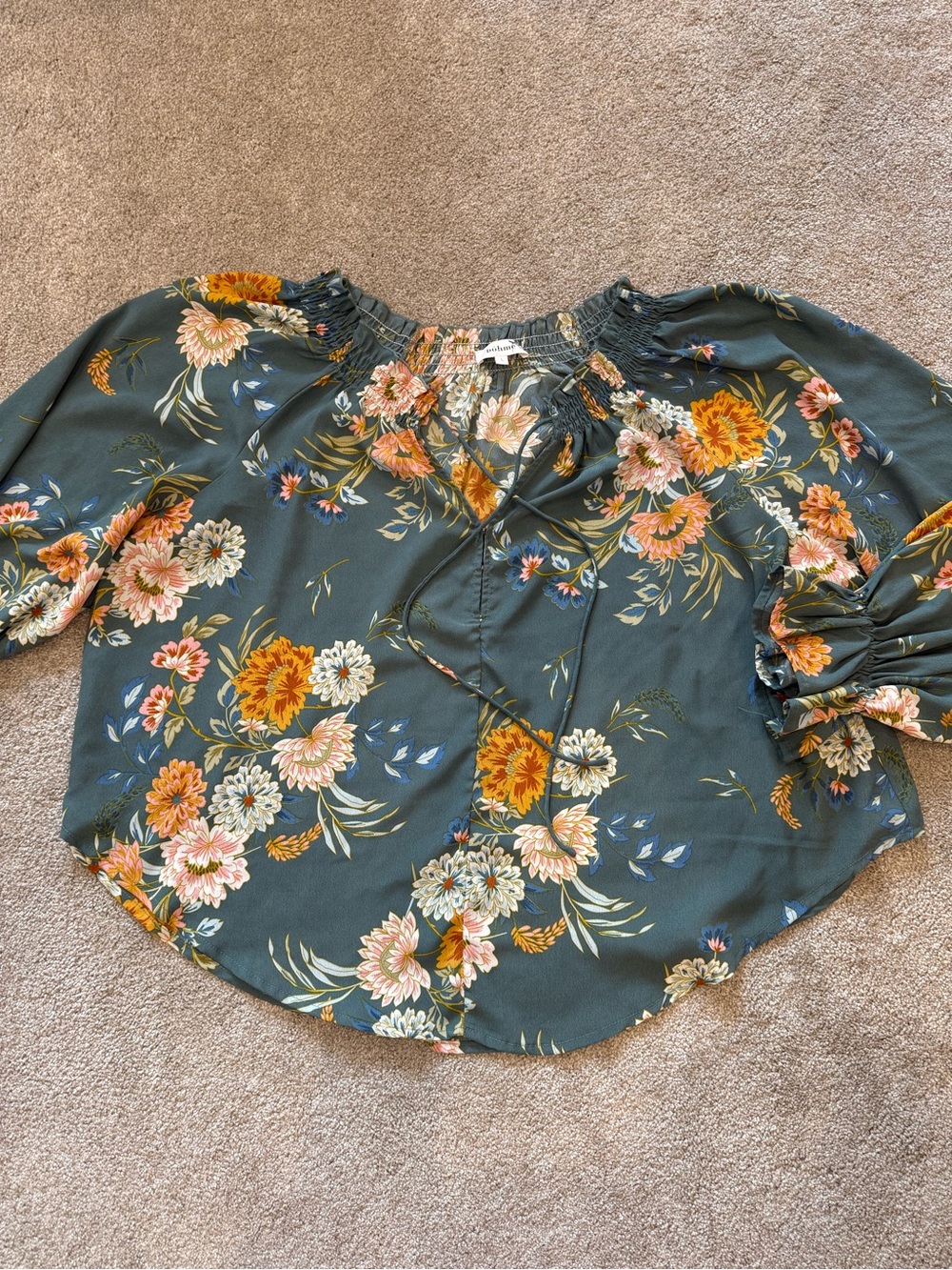Böhme Floral Peasant Blouse Size Large Blue Pink Boho Long Sleeve Tie Neck Top